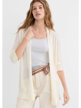 LOFT Cardigan Sweater Large Open Front Long Sleeve Ramie Blend Beige Cozy Knit